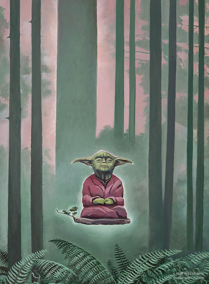 Levitating Yoda in the redwood forest