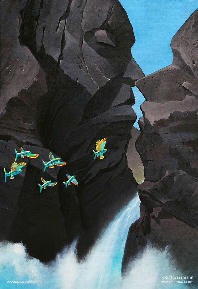 Rock faces and flying fish in imaginary landscape